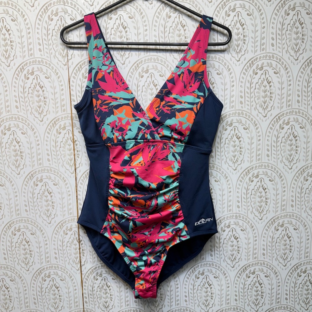 Dolfin Swimsuit One Piece Womens large Navy Tropical Floral Aquashape Ruched